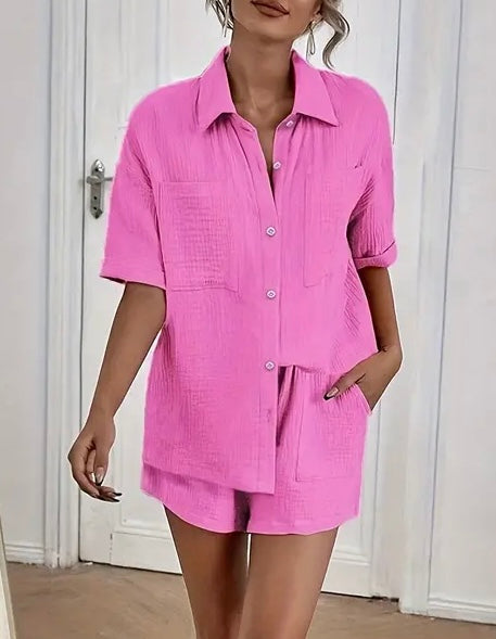 2 Piece Gauze Pajama Set with Button Down Shirt and Short