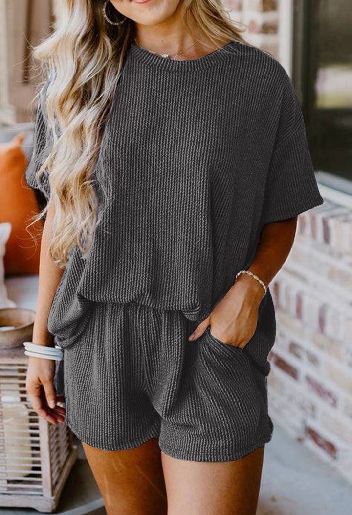 2 Piece Ribbed Textured Knit Loose Fit Top and Short Set