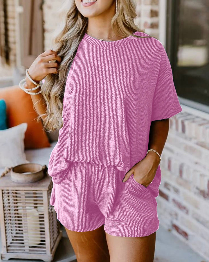 2 Piece Ribbed Textured Knit Loose Fit Top and Short Set