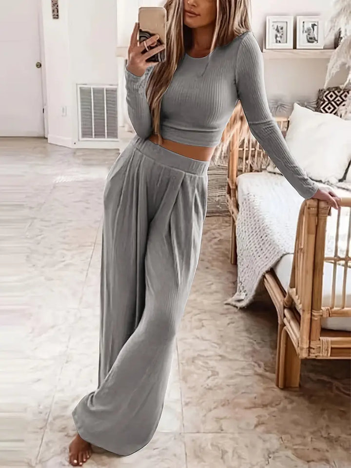 2 Piece Lounge set with Cropped Long Sleeve Top and Wide Legs