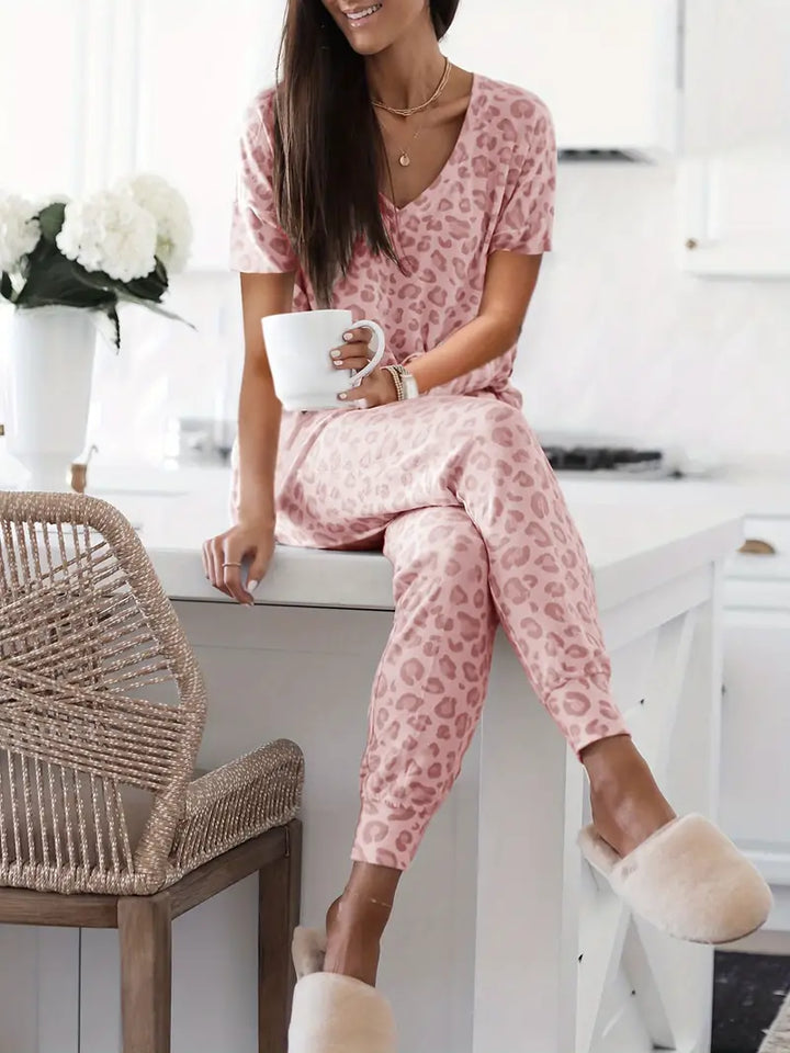 Casual 2 Piece Short Sleeve and Pants Leopard Print Lounge Set