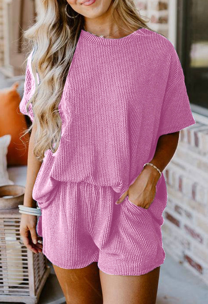 2 Piece Ribbed Textured Knit Loose Fit Top and Short Set