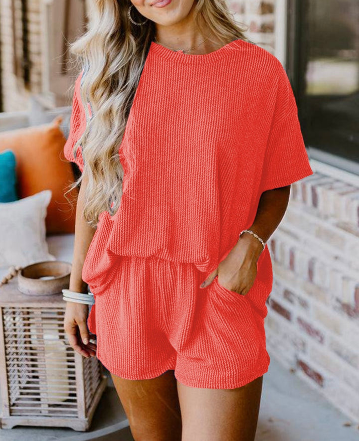 2 Piece Ribbed Textured Knit Loose Fit Top and Short Set