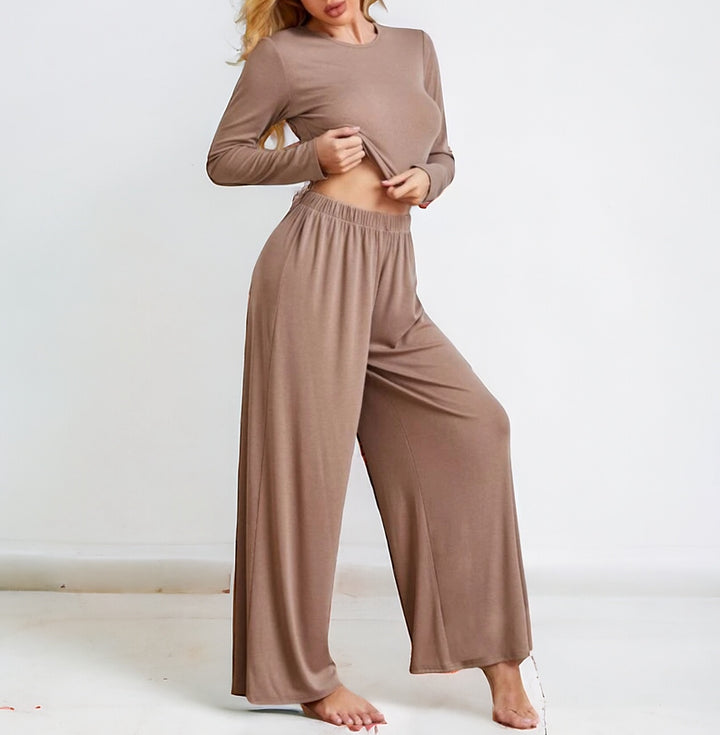 2 Piece Lounge set with Cropped Long Sleeve Top and Wide Legs