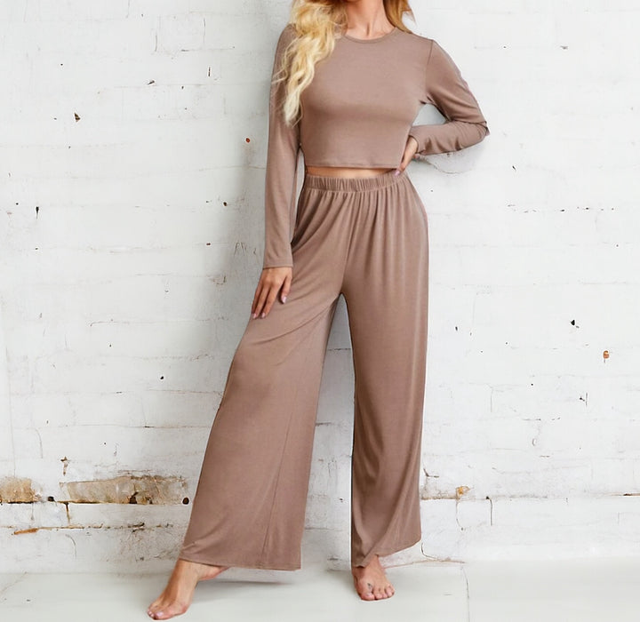 2 Piece Lounge set with Cropped Long Sleeve Top and Wide Legs