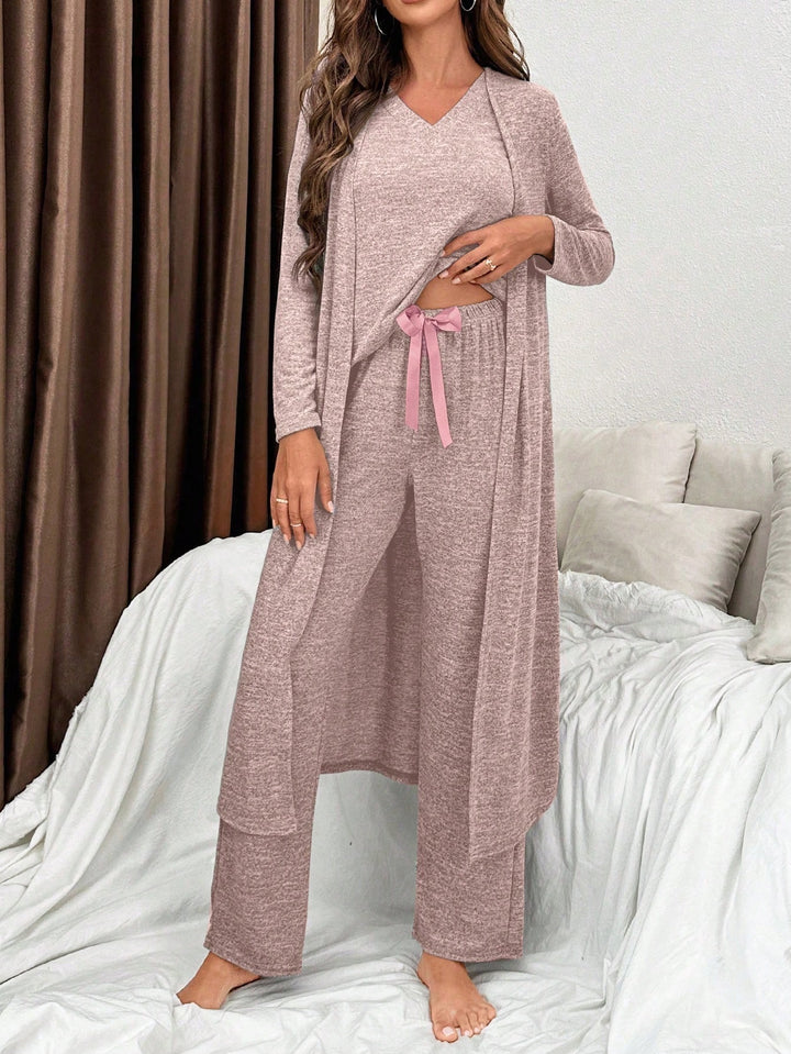 3 Piece Lounge Set includes V-neck Short Sleeve Top, Wide leg Pants and Robe