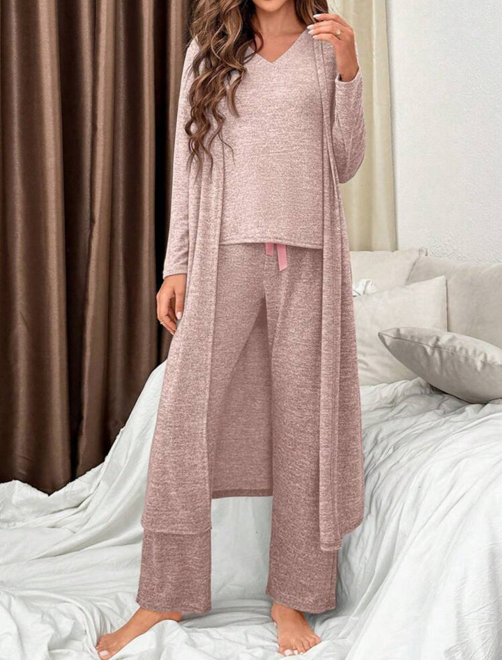 3 Piece Lounge Set includes V-neck Short Sleeve Top, Wide leg Pants and Robe