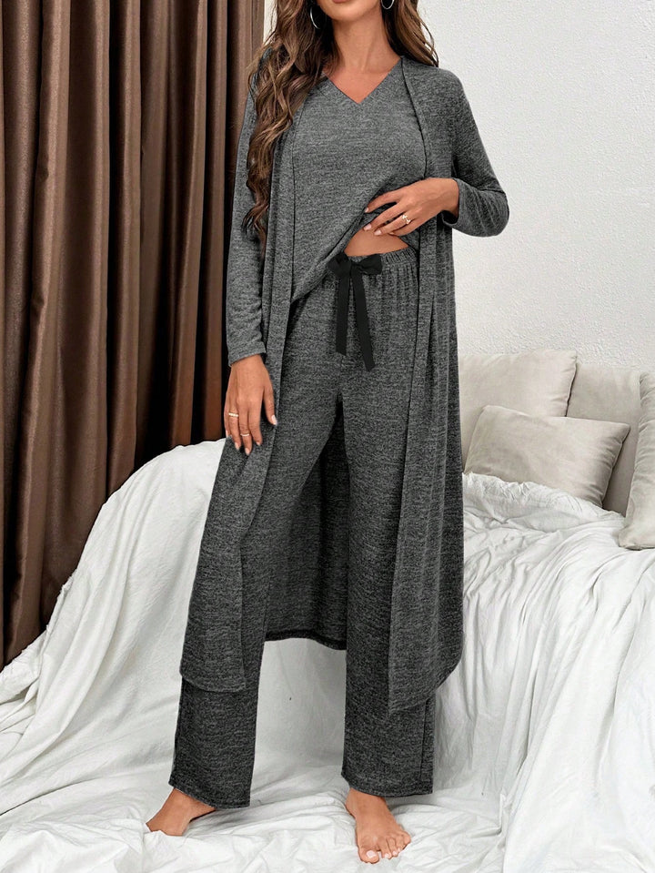 3 Piece Lounge Set includes V-neck Short Sleeve Top, Wide leg Pants and Robe