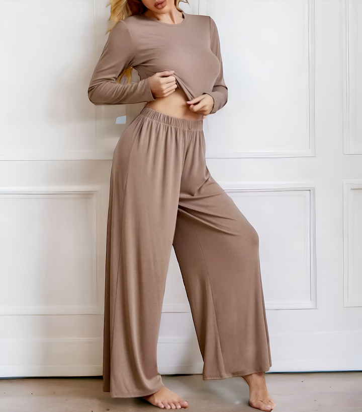 2 Piece Lounge set with Cropped Long Sleeve Top and Wide Legs