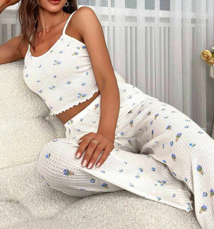 2 Piece Cropped Tank Top and Wide Leg Pants Pajama Lounge Set