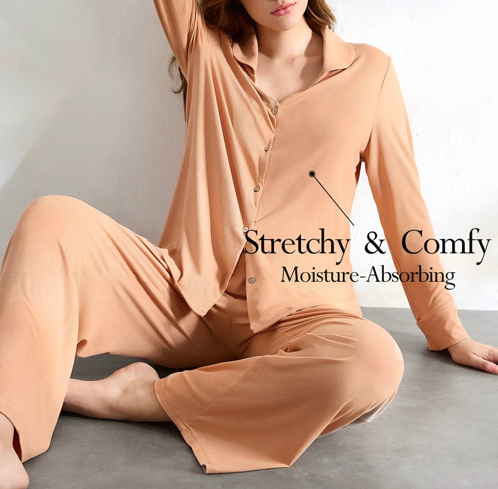 2 Piece Lounge Set with Buttoned down Long Sleeve Shirt and Wide Leg Pants