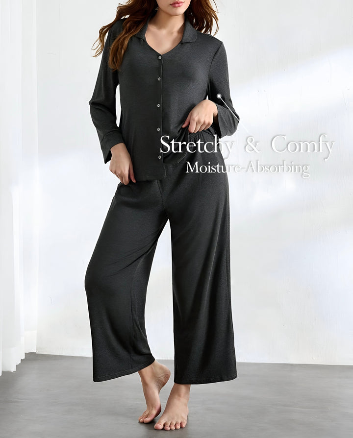 2 Piece Lounge Set with Buttoned down Long Sleeve Shirt and Wide Leg Pants