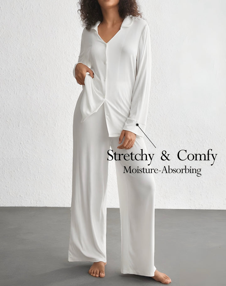 2 Piece Lounge Set with Buttoned down Long Sleeve Shirt and Wide Leg Pants