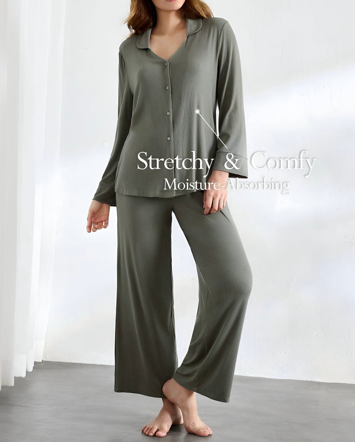 2 Piece Lounge Set with Buttoned down Long Sleeve Shirt and Wide Leg Pants