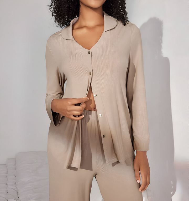 2 Piece Lounge Set with Buttoned down Long Sleeve Shirt and Wide Leg Pants