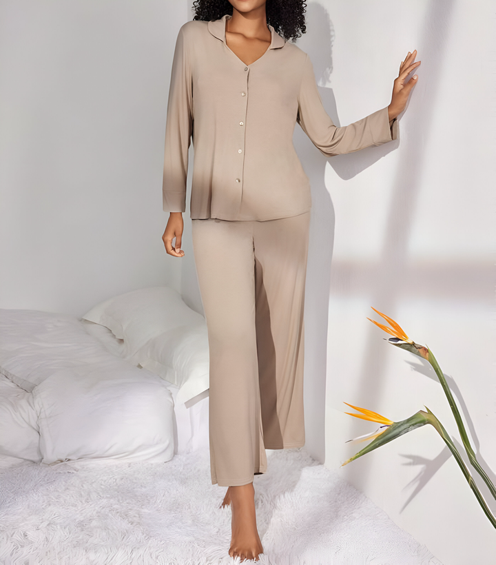 2 Piece Lounge Set with Buttoned down Long Sleeve Shirt and Wide Leg Pants