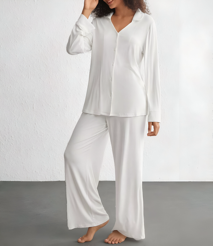 2 Piece Lounge Set with Buttoned down Long Sleeve Shirt and Wide Leg Pants