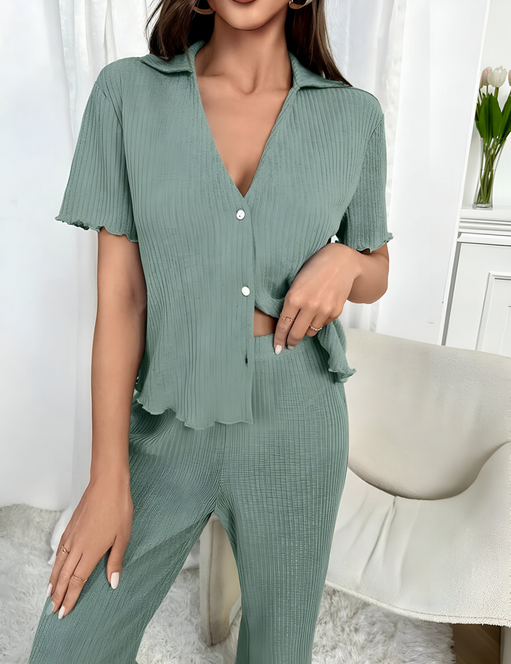 2 Piece Buttoned Short Sleeve Top and Wide Leg Pants