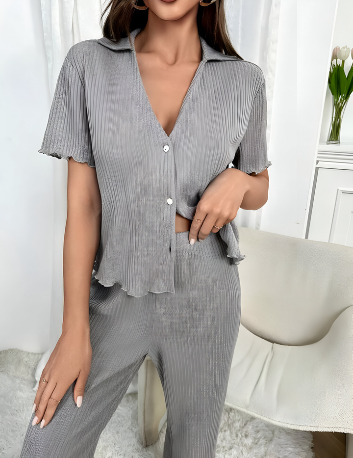 2 Piece Buttoned Short Sleeve Top and Wide Leg Pants