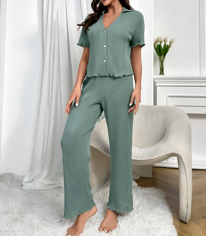 2 Piece Buttoned Short Sleeve Top and Wide Leg Pants