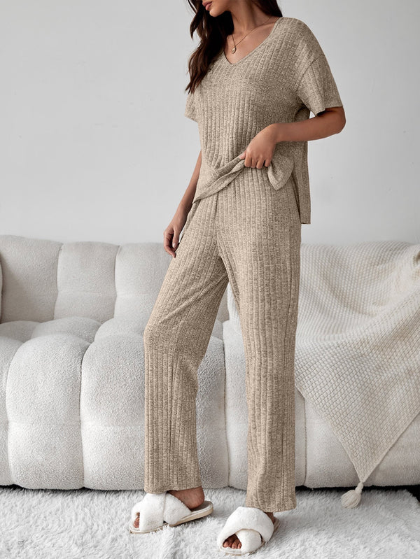 2 Piece Rib Knit Lounge Set with V-Neck Short Sleeve Top and Long Pants. Beige Khaki colors