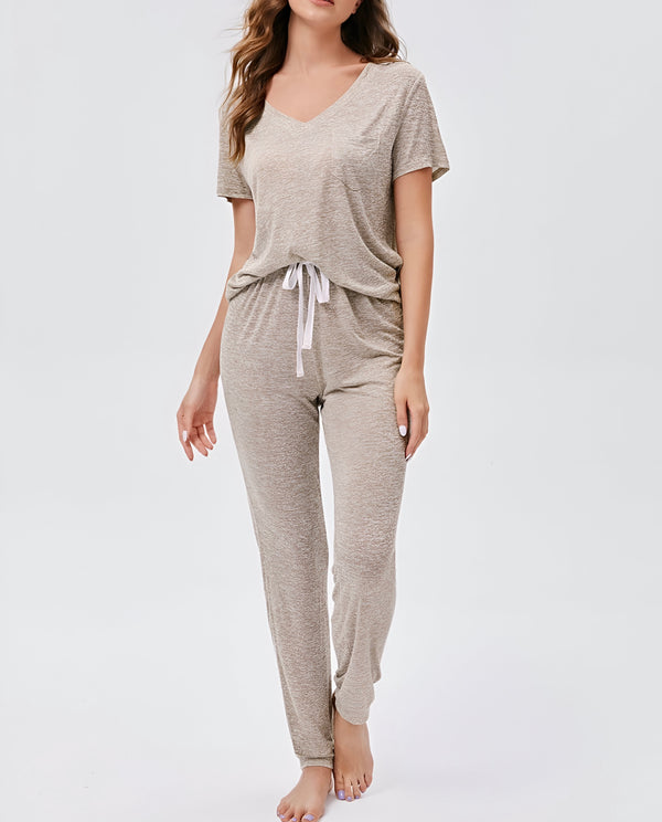 2 Piece Lounge Set with V-Neck Short Sleeve Top and Long Pants