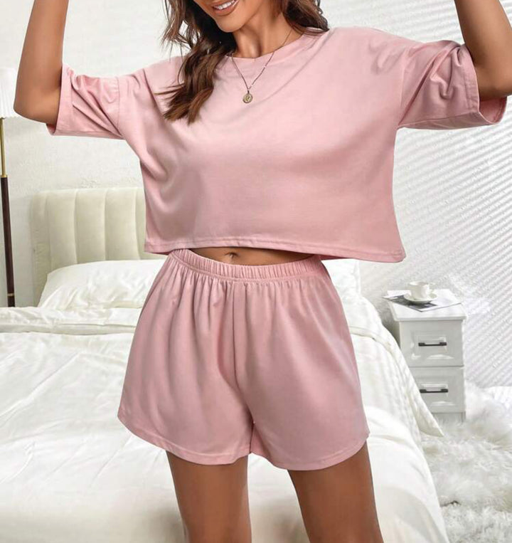 2 Piece Pajama Lounge Set with Cropped Short Sleeve Top and Short