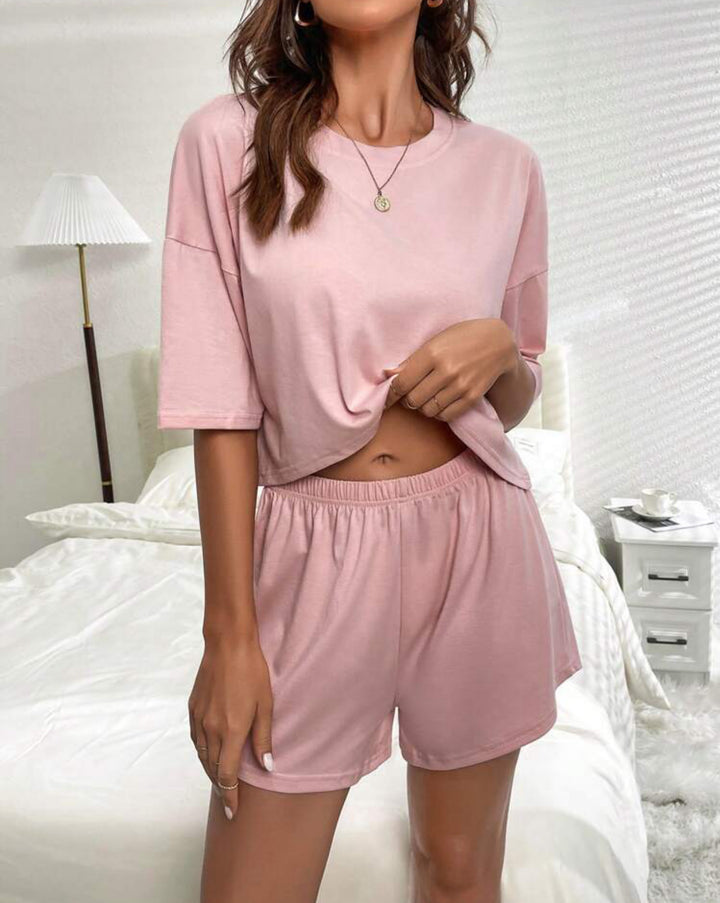 2 Piece Pajama Lounge Set with Cropped Short Sleeve Top and Short