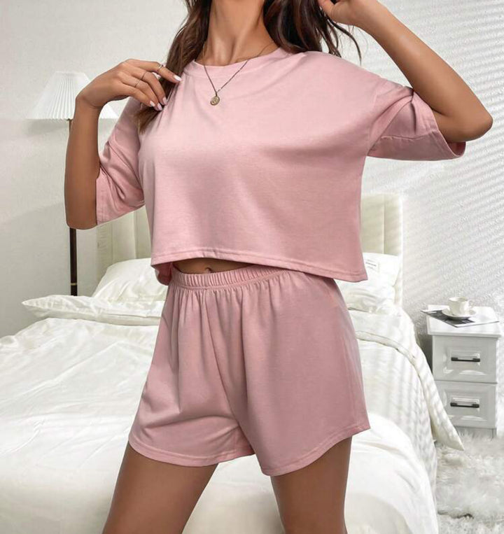 2 Piece Pajama Lounge Set with Cropped Short Sleeve Top and Short