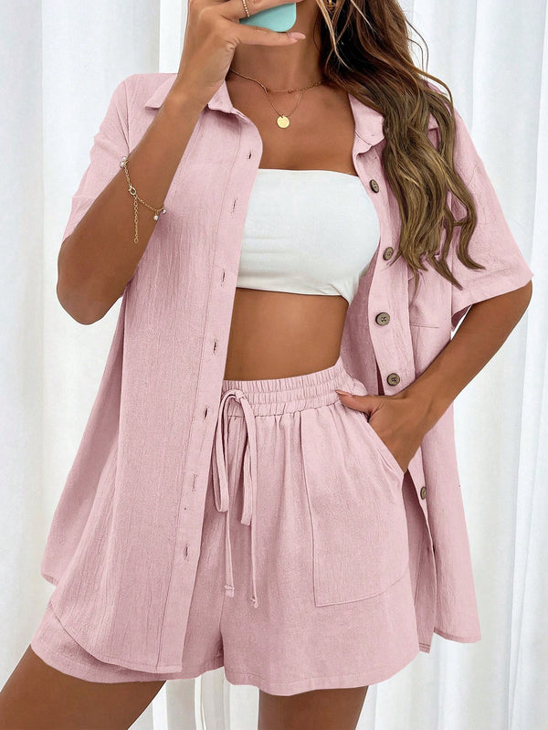 2 Piece Buttoned Shirt and Short Set multiple colors available