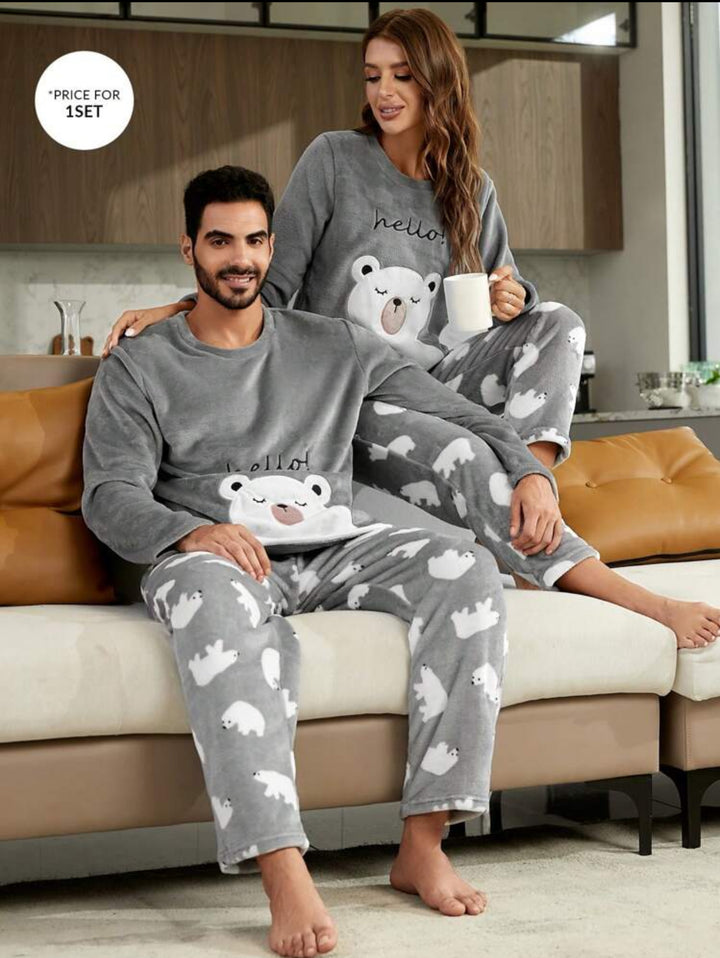 plush bear pajama set with long sleeve top and pants for men or women