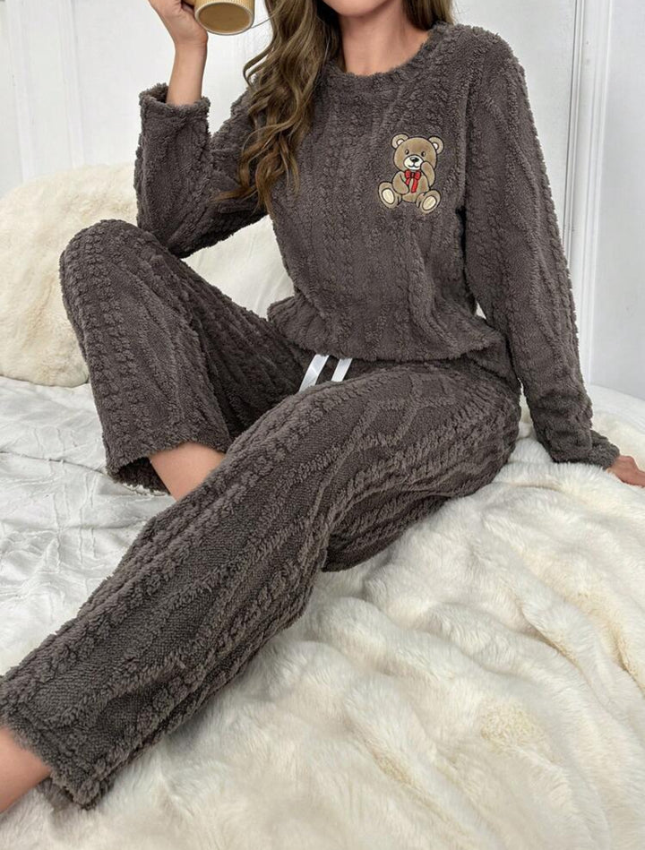 Knit Pajama Lounge Set with Embroidered Bear Character colors are brown or grey