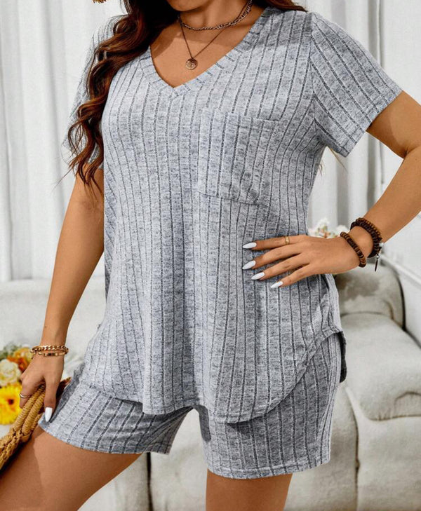 2 Piece Plus Sizes Lounge Pajama Set , color light grey, includes v-neck short sleeve top and shorts