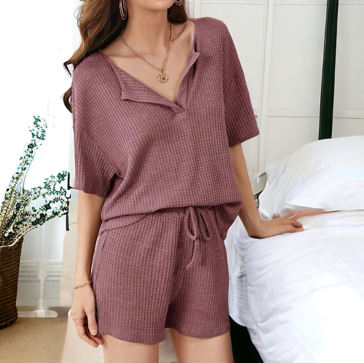 2 Piece Waffle Knit Short and Short Sleeve Top Lounge Pajama Set