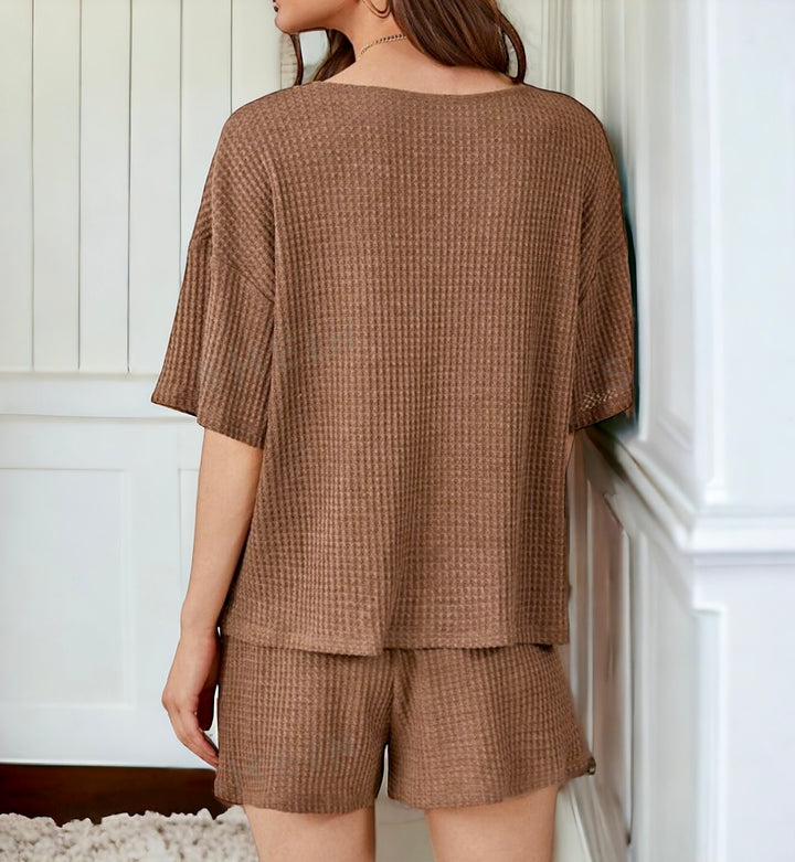 2 Piece Waffle Knit Short and Short Sleeve Top Lounge Pajama Set