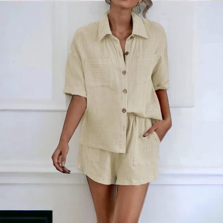 2 Piece Gauze Pajama Set with Button Down Shirt and Short