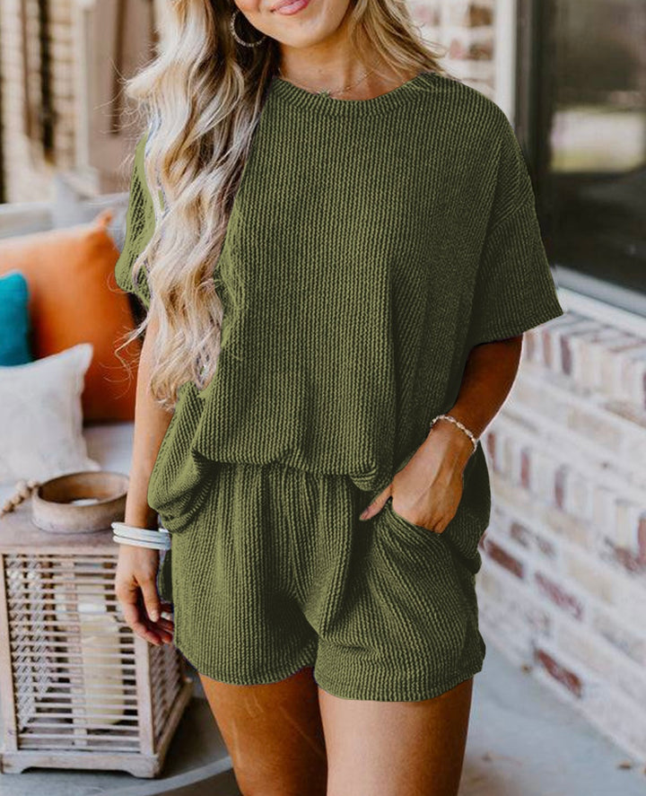 2 Piece Ribbed Textured Knit Loose Fit Top and Short Set