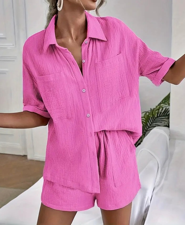 2 Piece Gauze Pajama Set with Button Down Shirt and Short